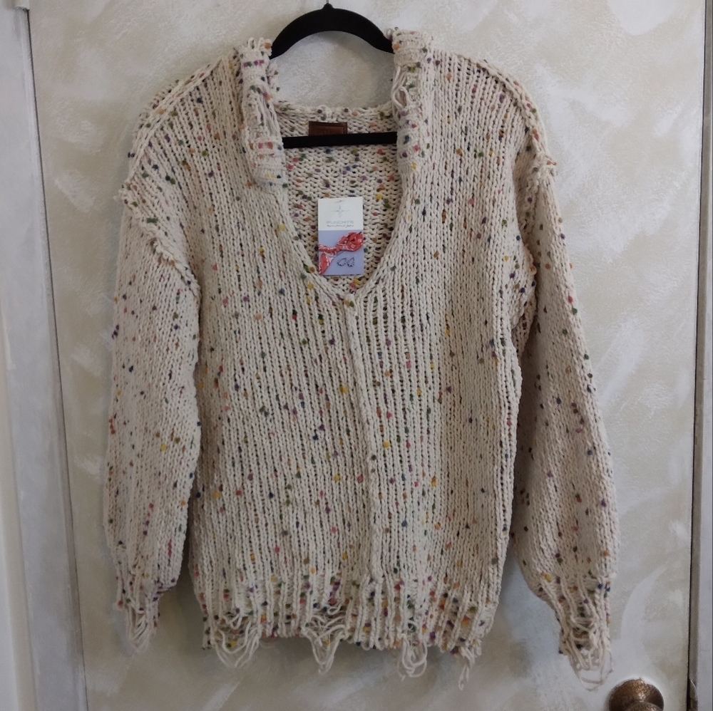 Size S POL Fun Fetti Sweater Distressed Edge Confetti Knit Hoodie Oversized